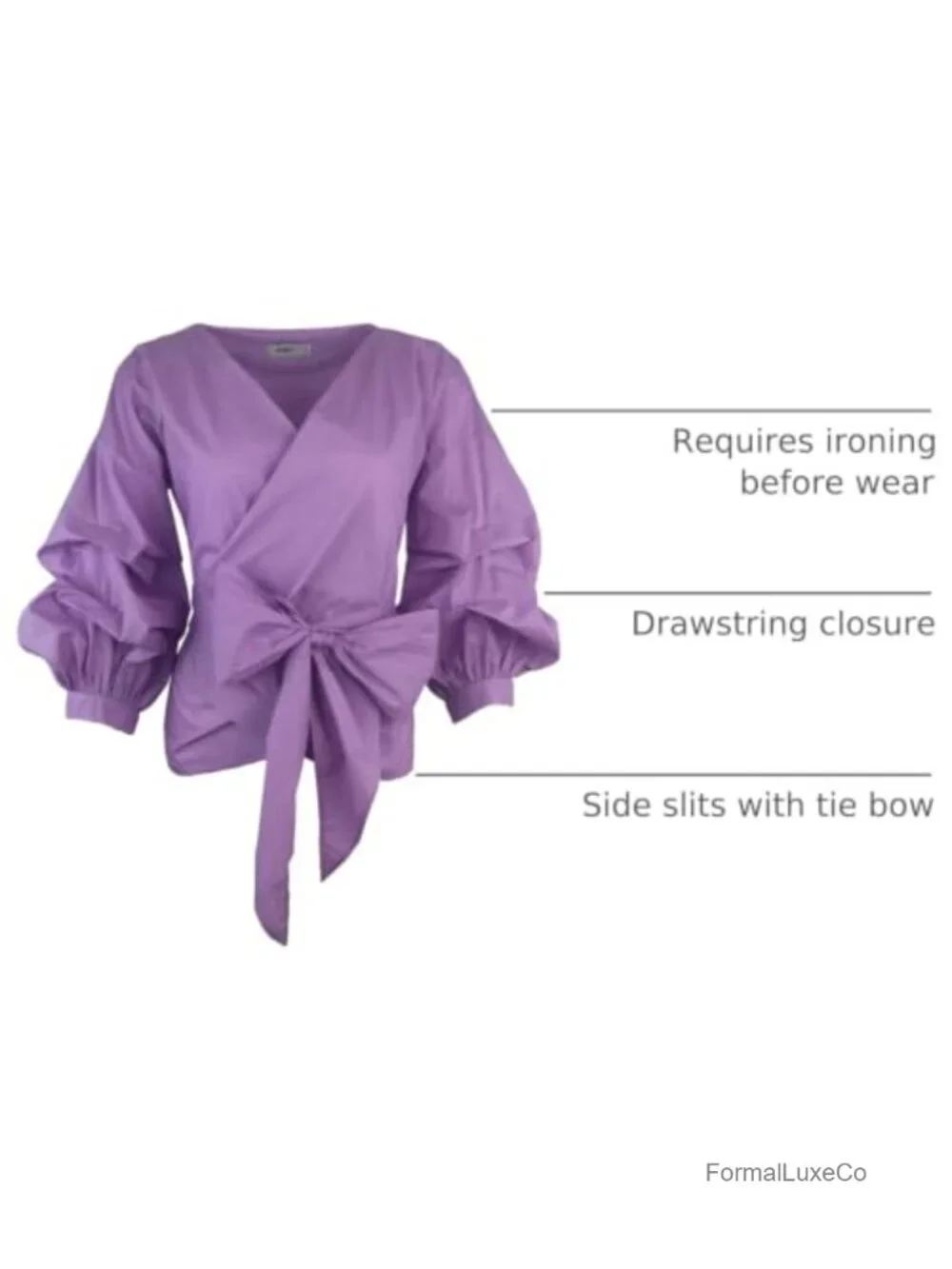 Puff Sleeve Wrap Blouse Cotton Spandex V-Neck